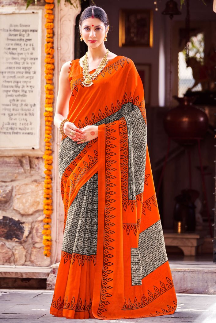 Buy MySilkLove Mahashivratri Special : Orange Bhagalpuri Print Saree Online