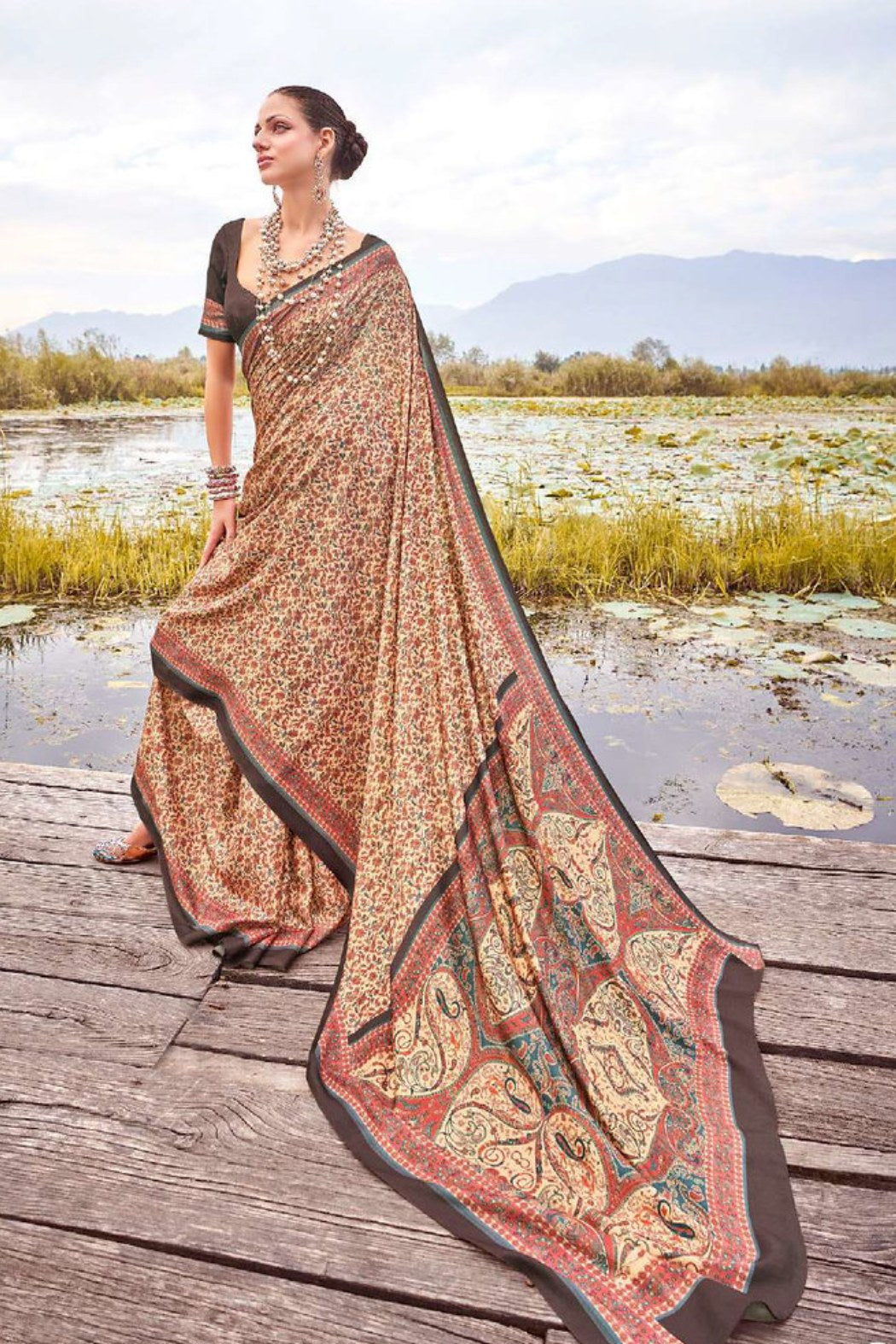 Buy MySilkLove Chocolate Cream Printed Pashmina Silk Saree Online