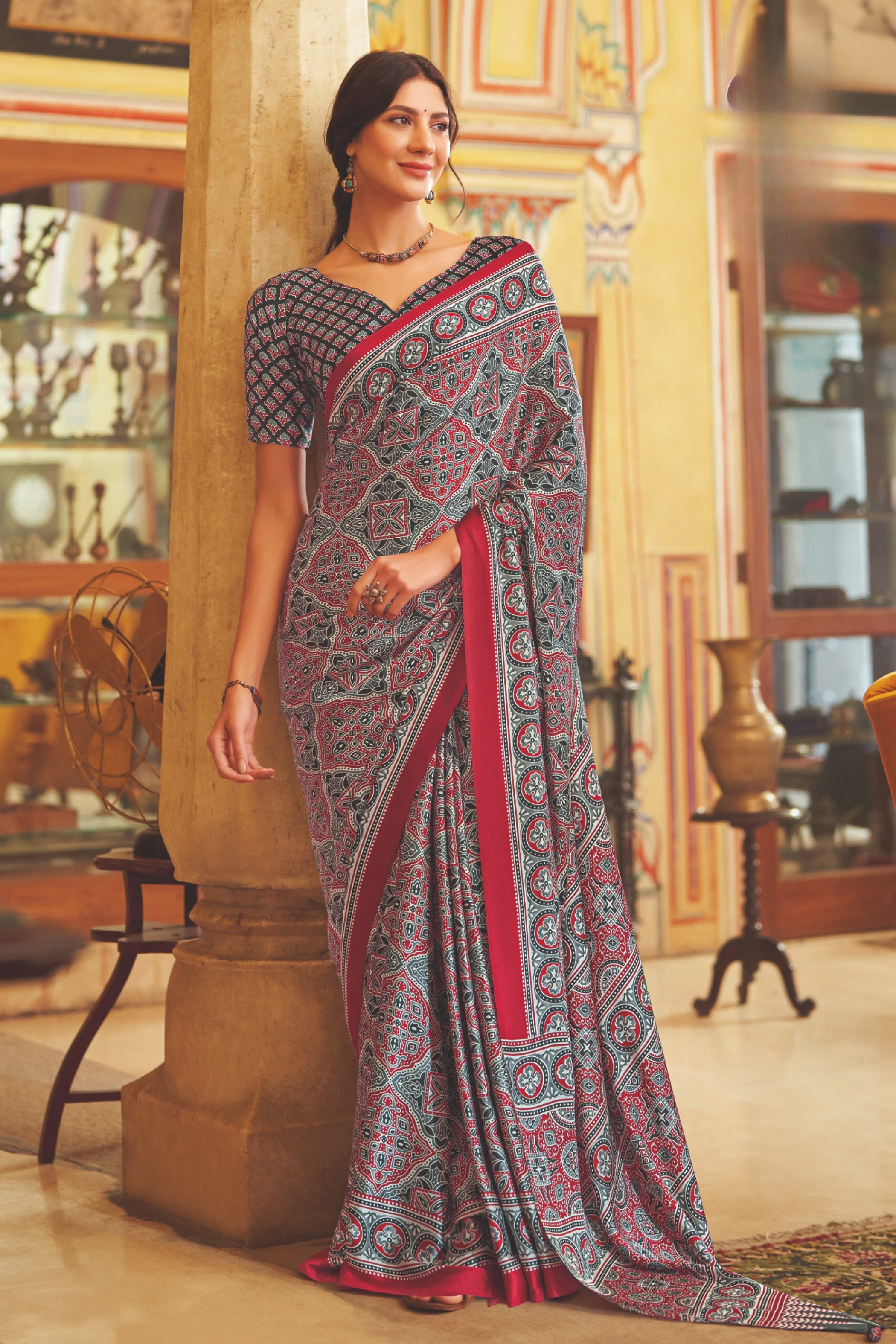 Buy MySilkLove Giants Club Brown and Grey Ajrakh Printed Satin Crepe Saree Online