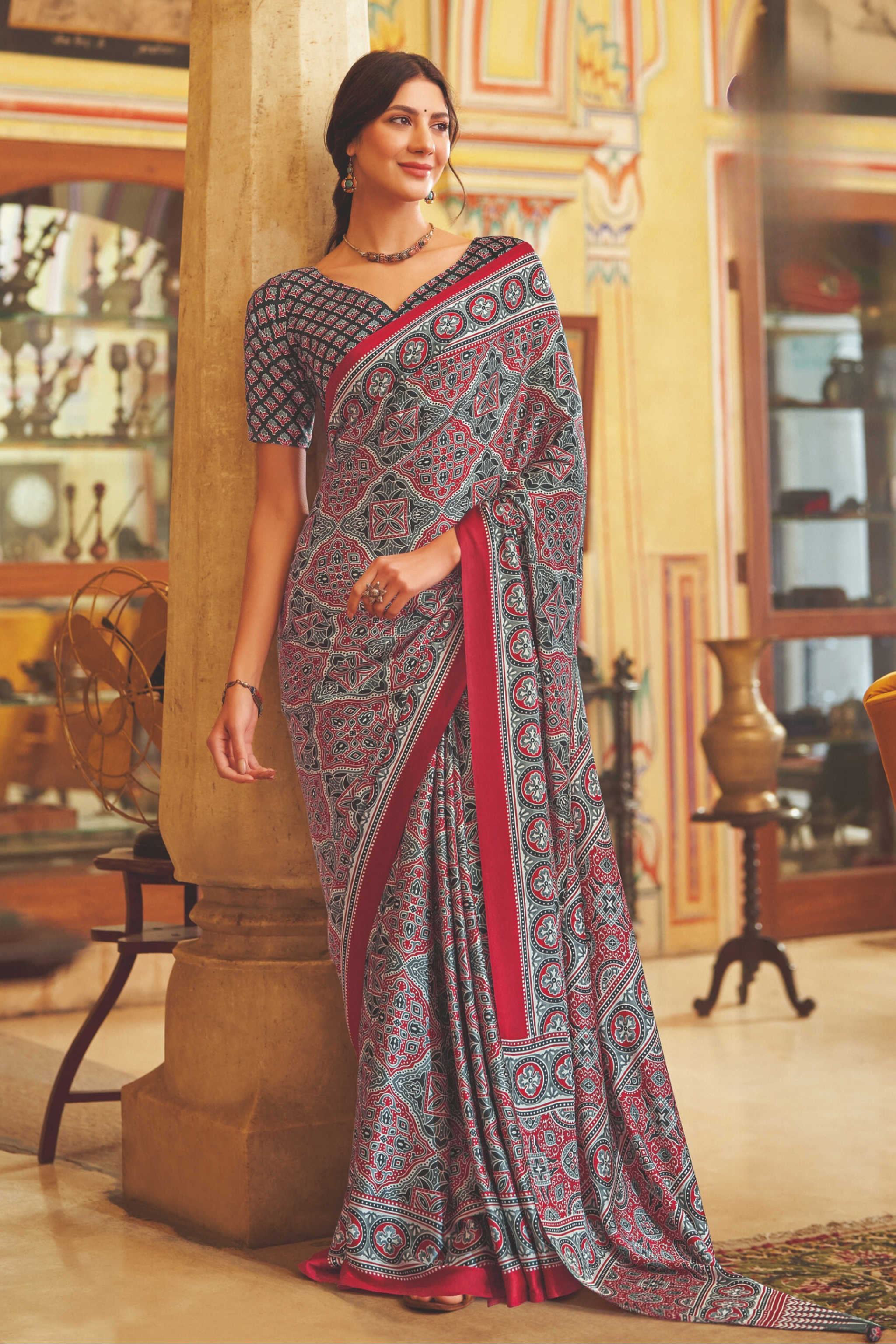 Buy Giants Club Brown and Grey Ajrakh Printed Satin Crepe Saree