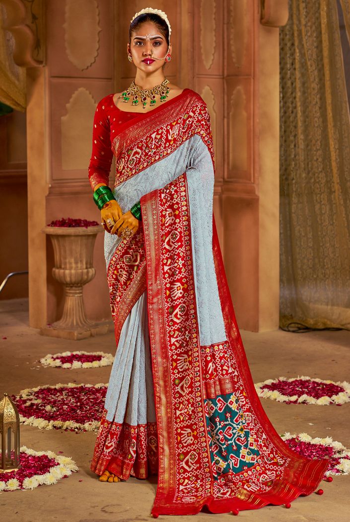 Buy MySilkLove Jordy Greyish Embroidery Chikankari Patola Handloom Saree Online