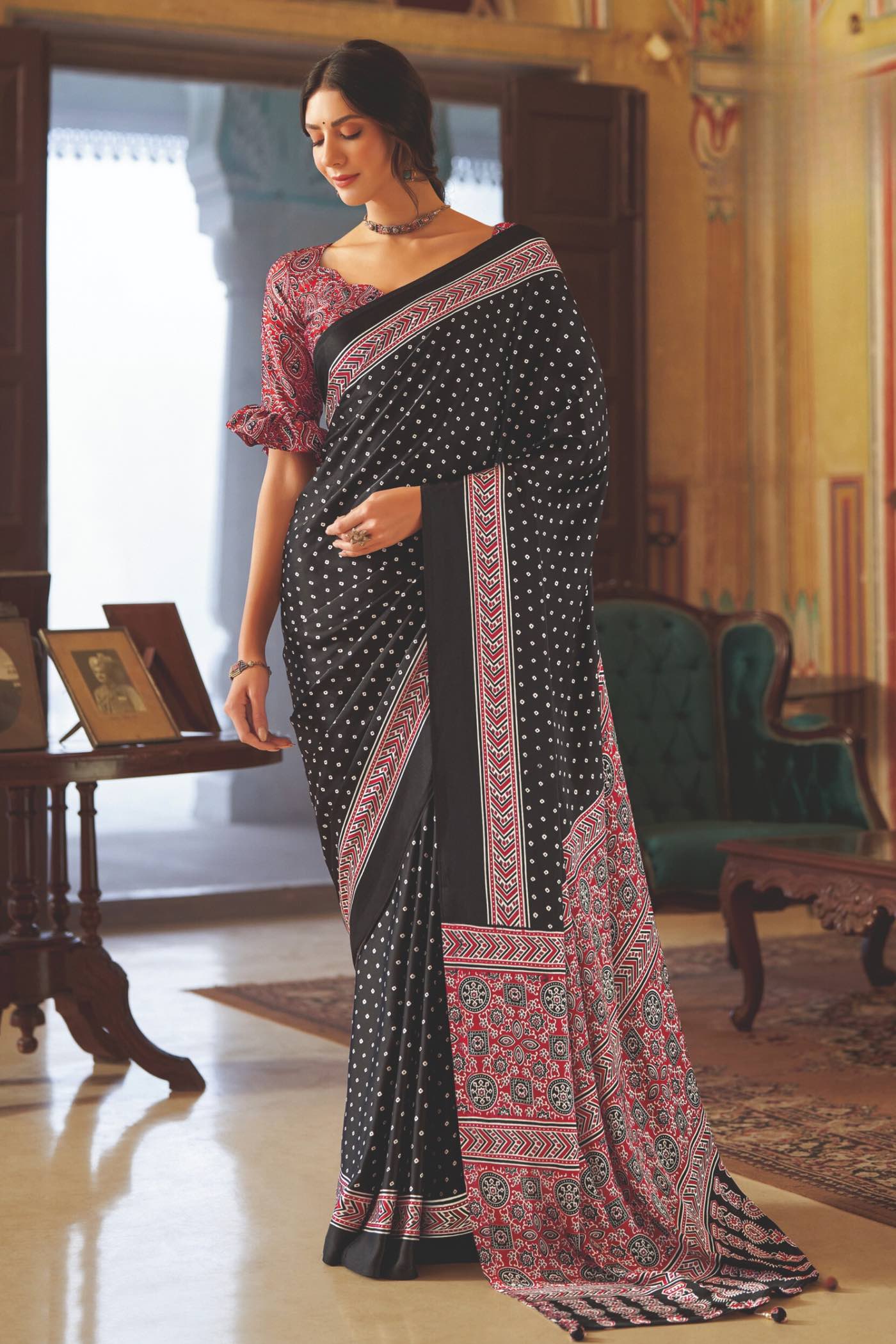 Buy MySilkLove Masala Black Ajrakh Printed Satin Crepe Saree Online