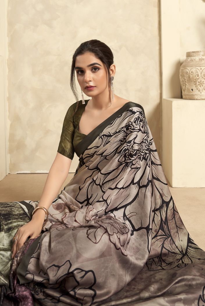 MySilkLove Sardine Grey Printed Satin Silk Saree