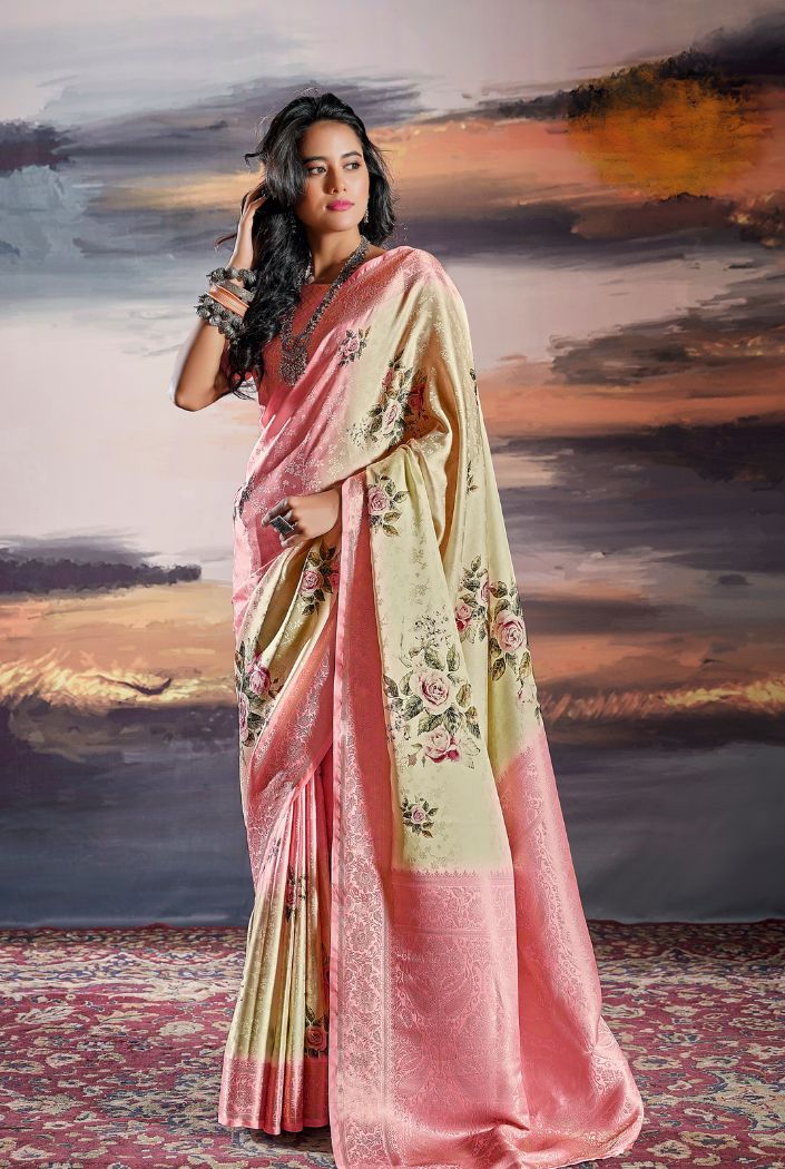 Buy MySilkLove Yuma Cream and Pink Floral Digital Printed Saree Online