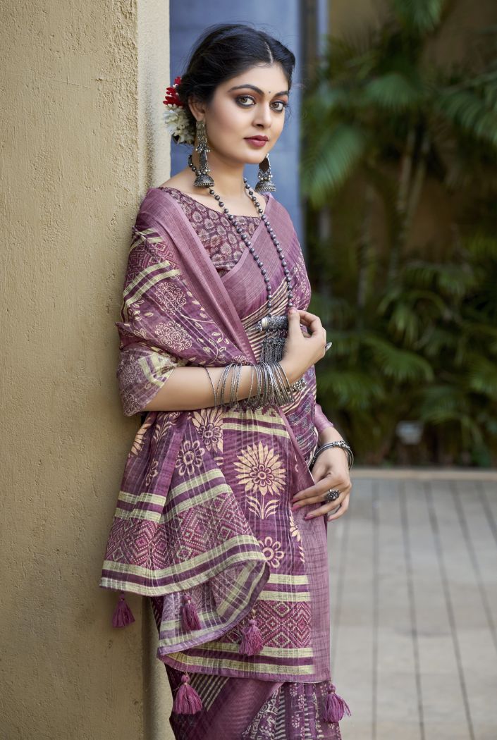 Buy MySilkLove Twilight Lavender Digital Printed Linen Saree Online