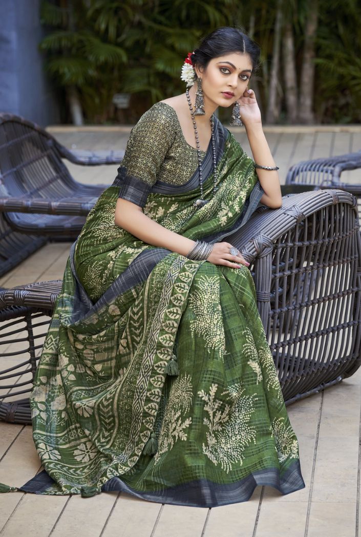 Buy MySilkLove Locust Green Linen Digital Printed Saree Online