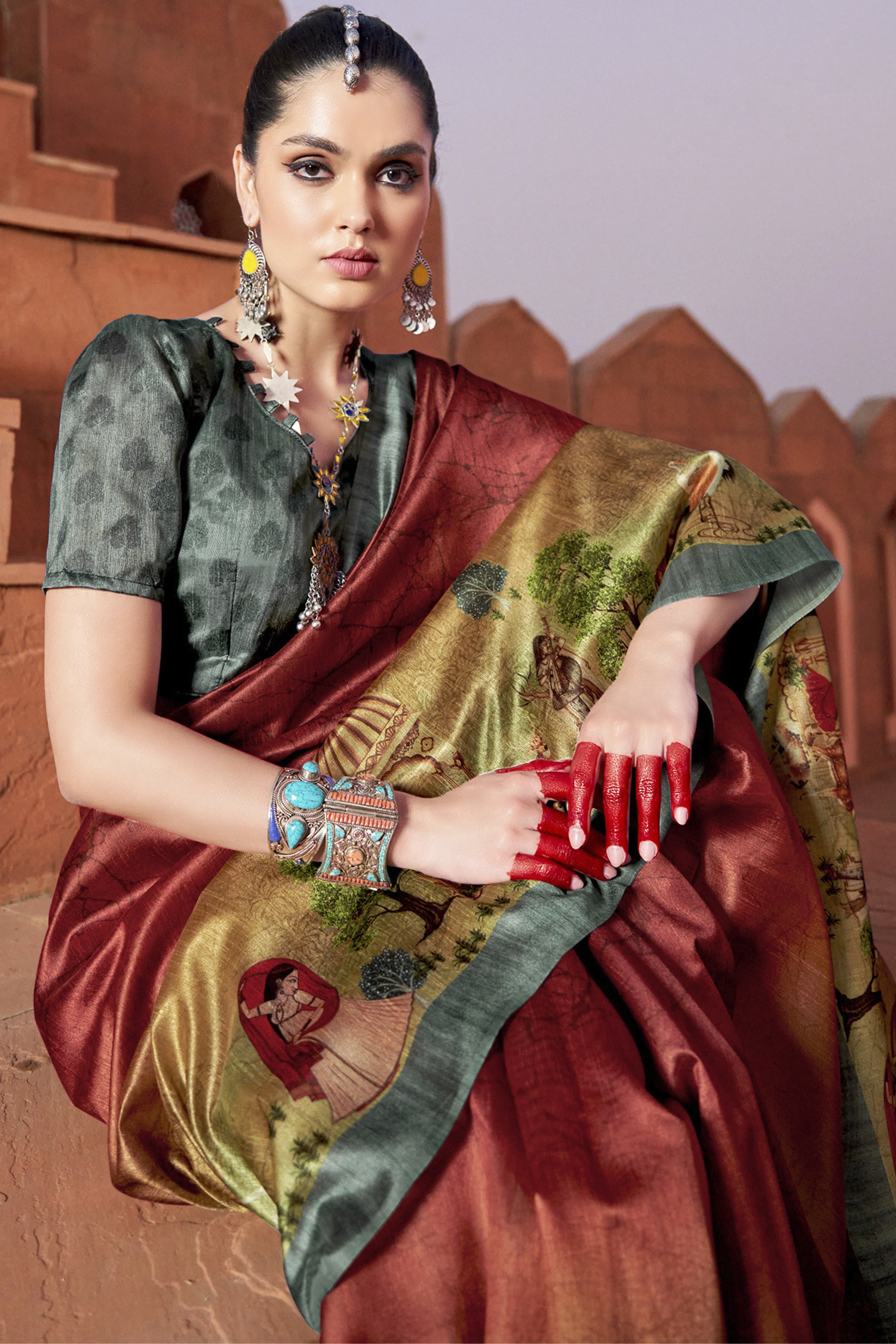 Buy MySilkLove Tamarillo Red Handloom Tussar Silk Saree Online