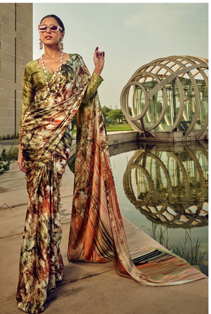 Buy MySilkLove Gimblet Green Digital Printed Satin Silk Saree Online