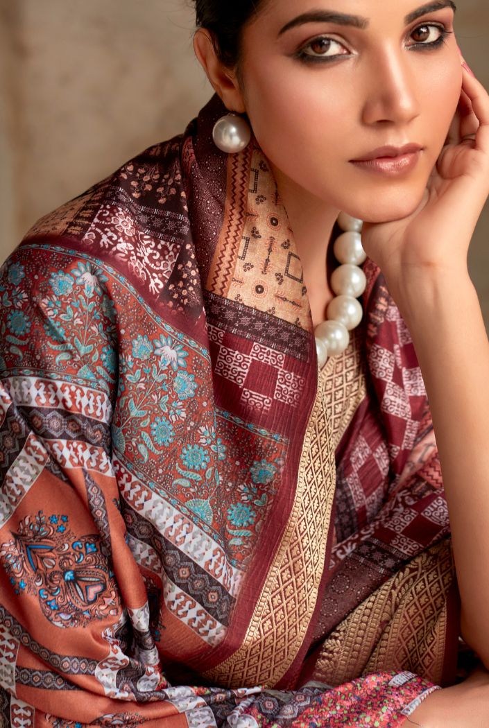 Buy MySilkLove Rosewood Mroon Banarasi Printed Silk Saree Online