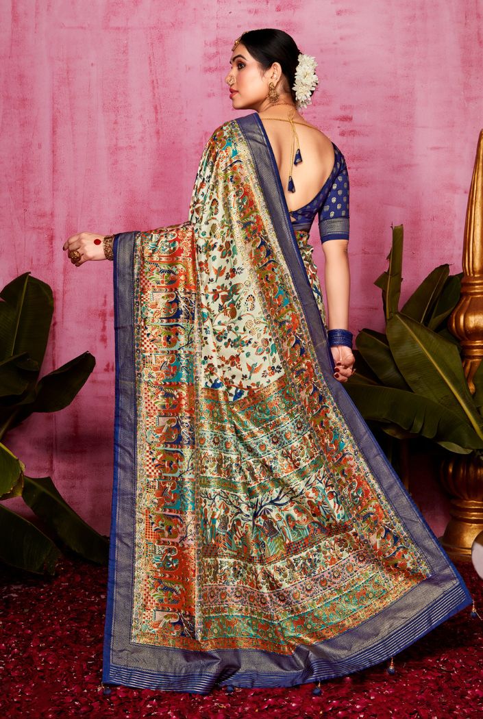 Buy MySilkLove Sapling Cream and Blue Patola Soft Silk Saree Online