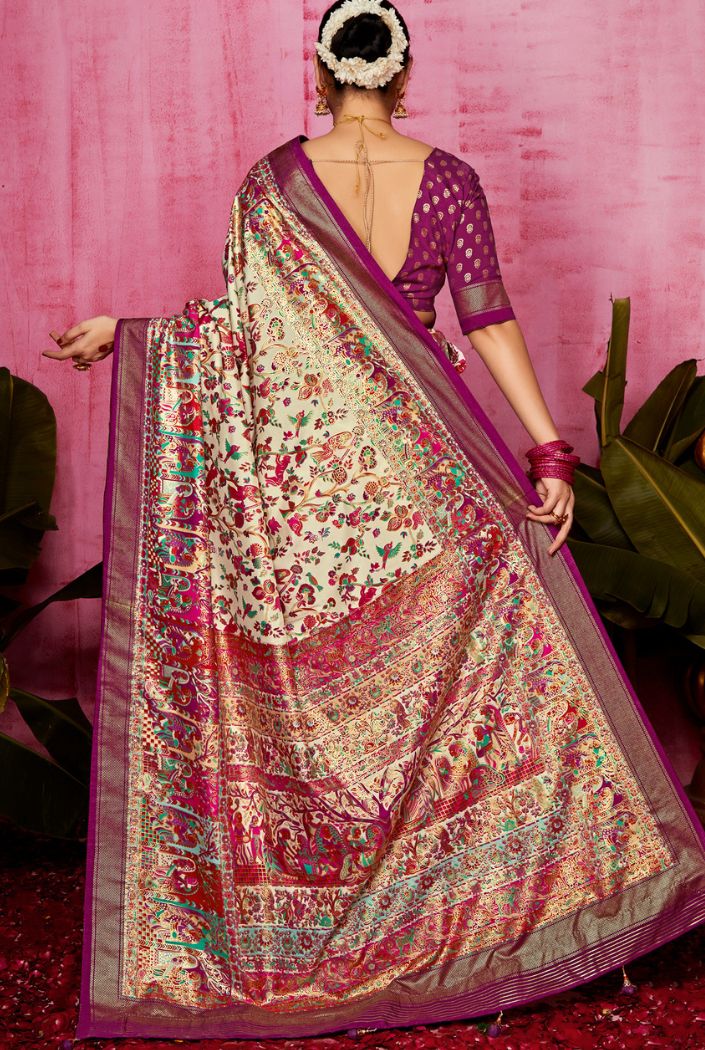 Buy MySilkLove Disco Purple and Cream Patola Soft Silk Saree Online