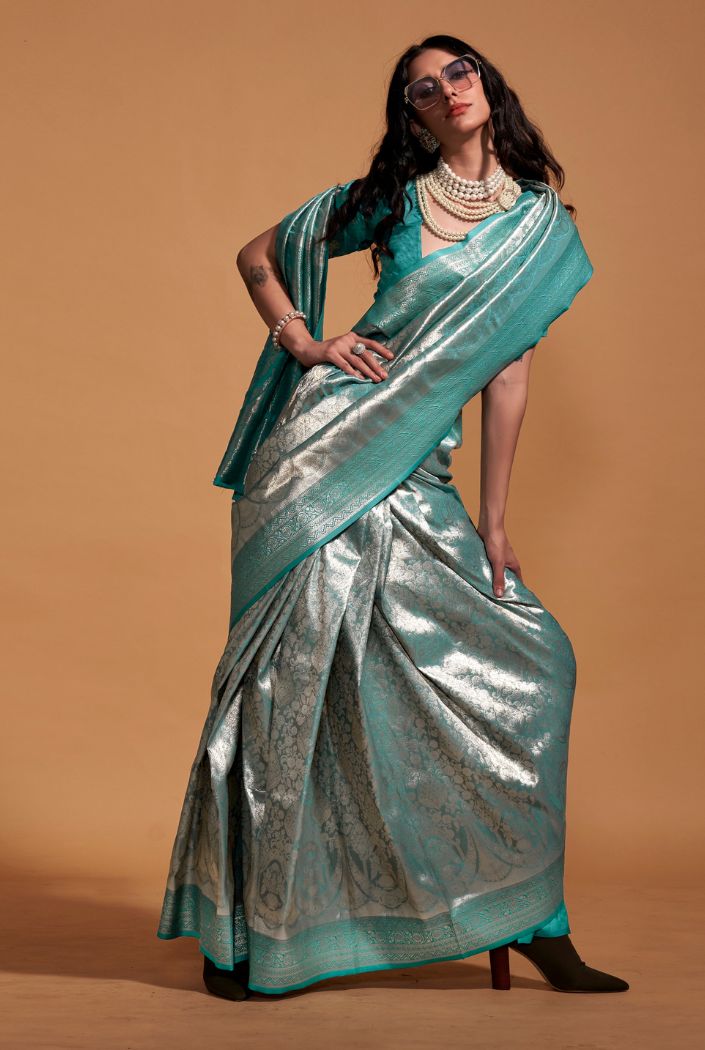 Buy MySilkLove Neptune Blue Woven Kanjivaram Silk Saree Online