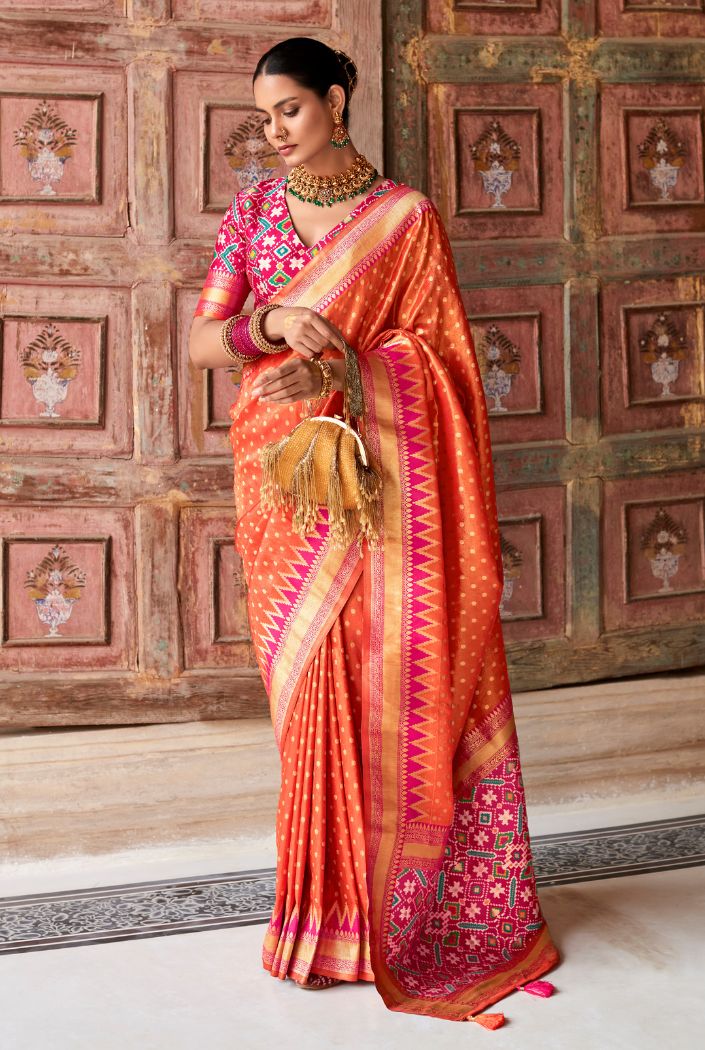 Buy MySilkLove Cadmium Orange Woven Zari Banarasi Patola Silk Saree Online