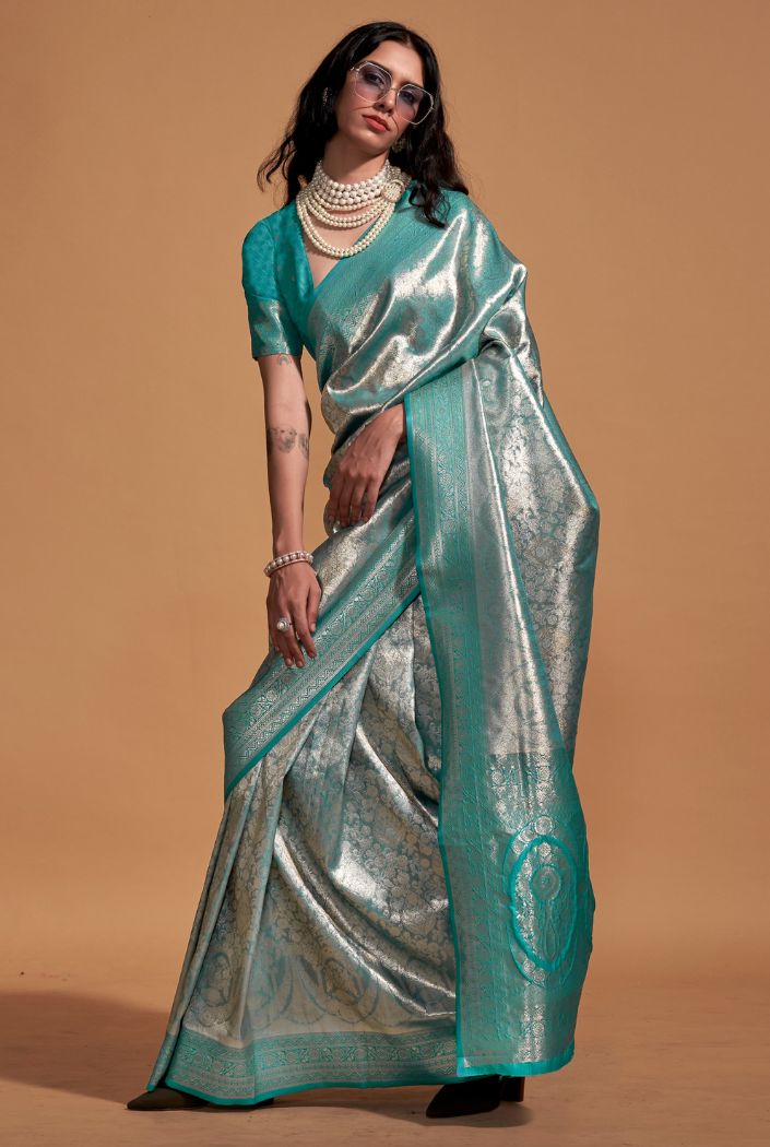 Buy MySilkLove Neptune Blue Woven Kanjivaram Silk Saree Online