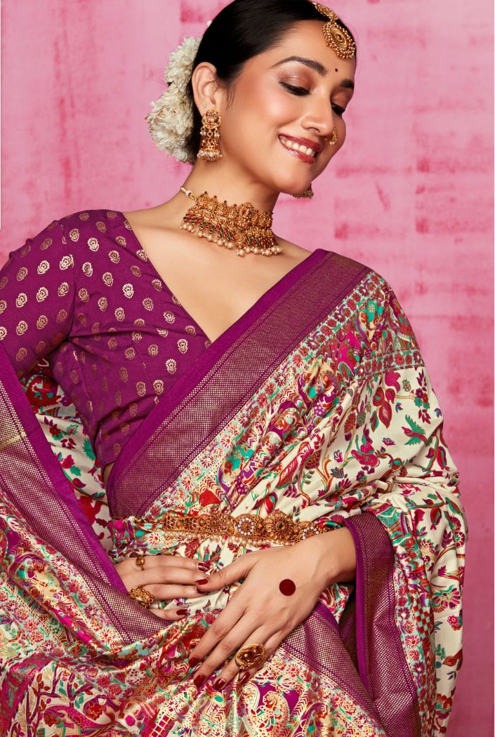 Buy MySilkLove Disco Purple and Cream Patola Soft Silk Saree Online