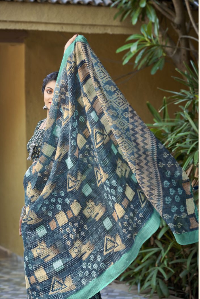 Buy MySilkLove Limed Spruce Grey Digital Printed Linen Saree Online