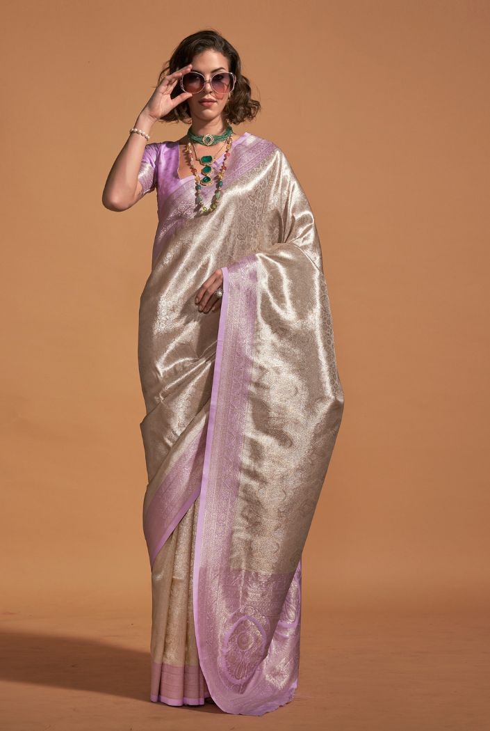 Buy MySilkLove Bone Cream and Lavender Woven Kanjivaram Silk Saree Online