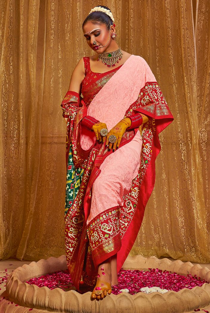 Buy MySilkLove Wewak Pink Embroidery Chikankari Patola Handloom Saree Online