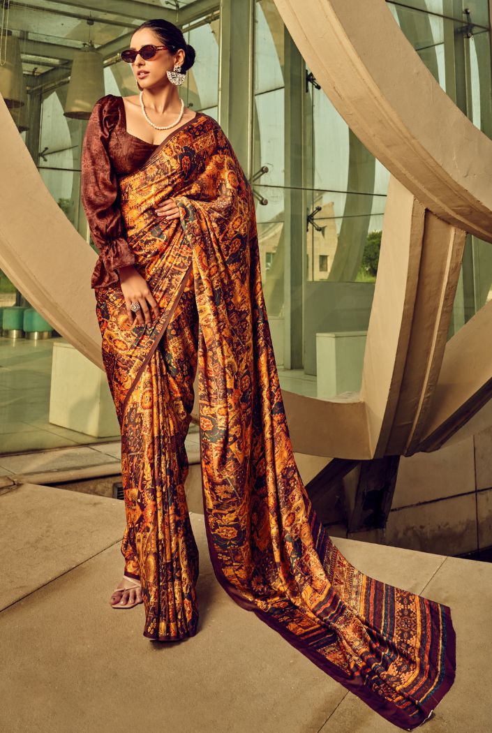 Buy MySilkLove Chardonnay Brown and Orange Digital Printed Satin Silk Saree Online