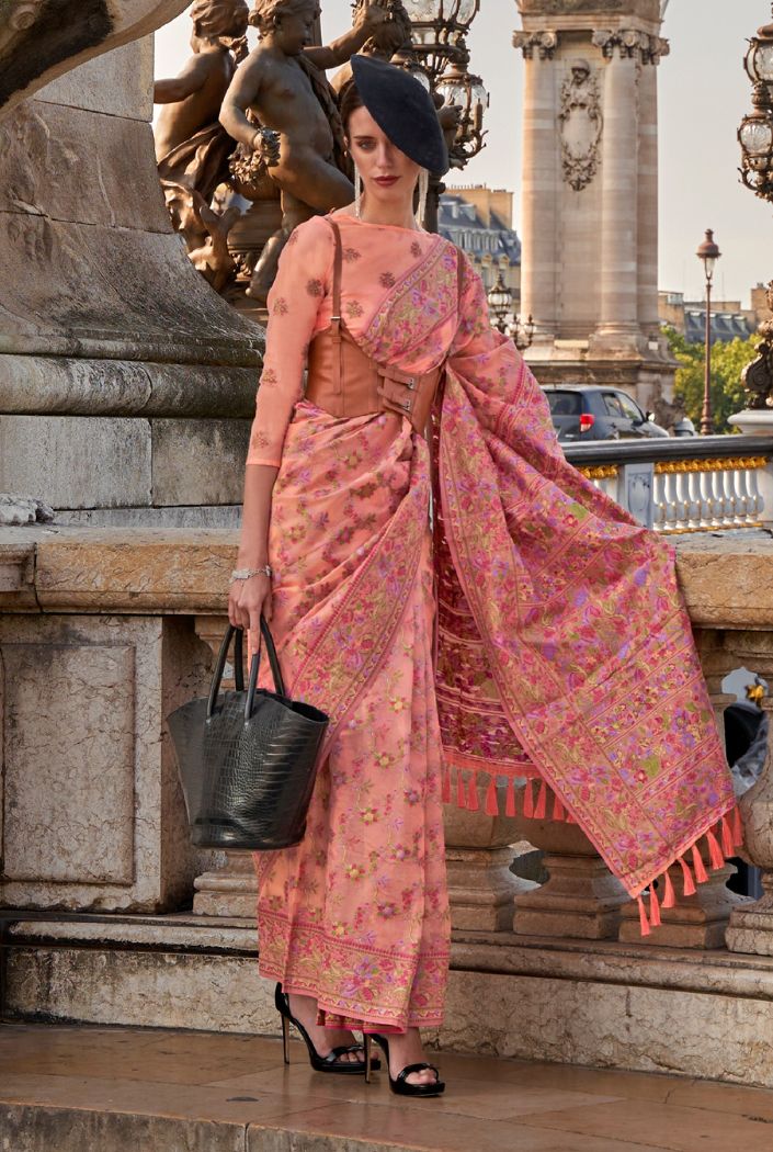 Buy MySilkLove Plum Peach Organza Handloom Parsi Saree Online