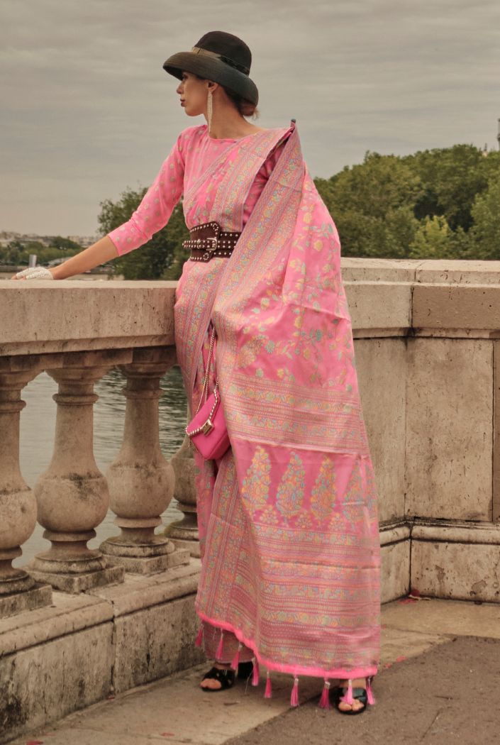 Buy MySilkLove Salmon Pink Kashmiri Organza Handloom Saree Online