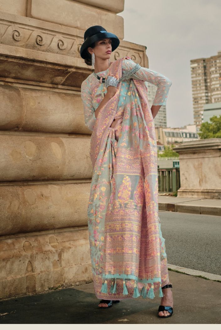 Buy MySilkLove Norway Blue Kashmiri Organza Handloom Saree Online