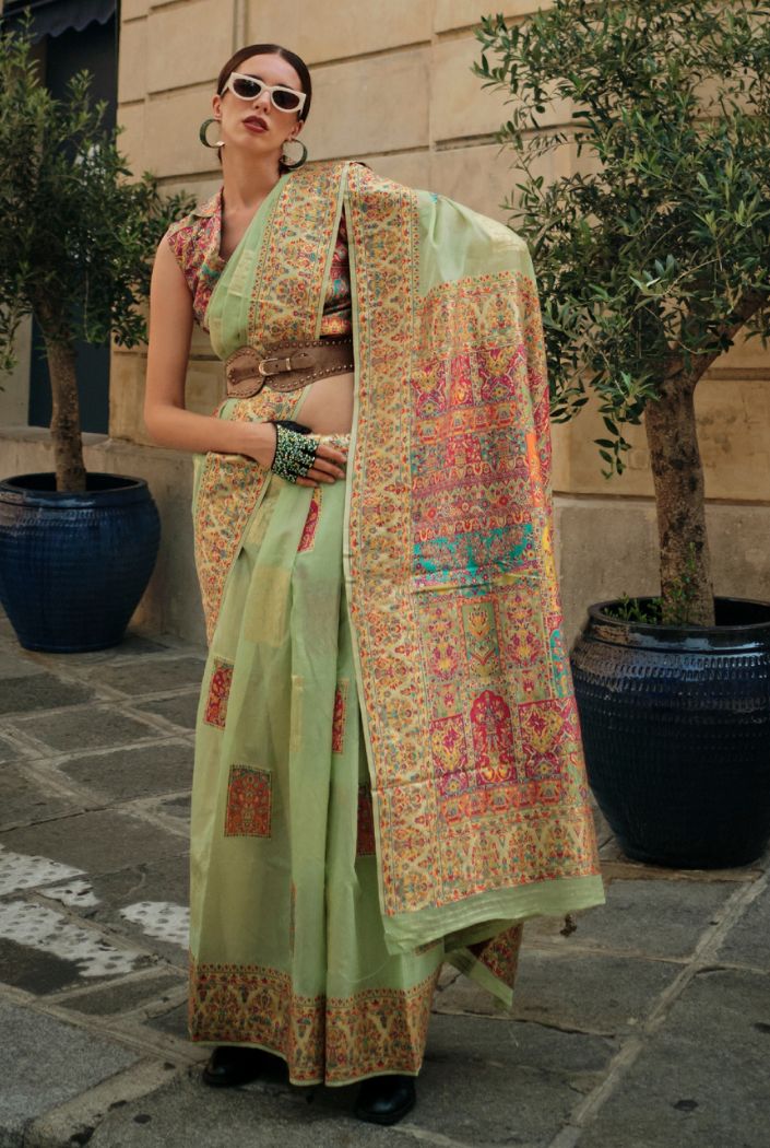 Buy MySilkLove Pine Glade Green Kashmiri Jamewar Handloom Saree Online