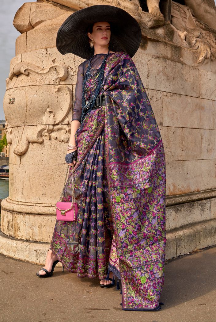 Buy MySilkLove River Bed Blue Organza Handloom Parsi Saree Online