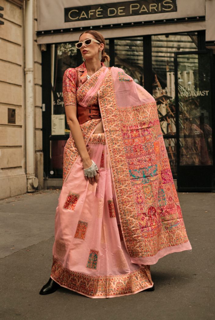 Buy MySilkLove Wax Flower Peach Kashmiri Jamewar Handloom Saree Online