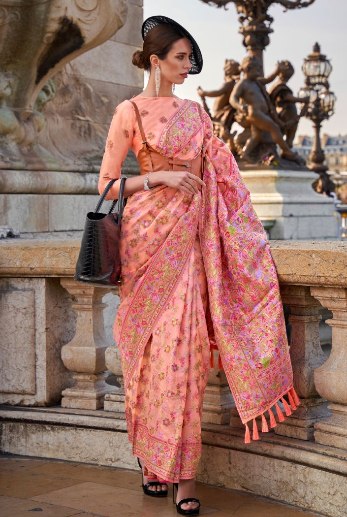 Buy MySilkLove Plum Peach Organza Handloom Parsi Saree Online