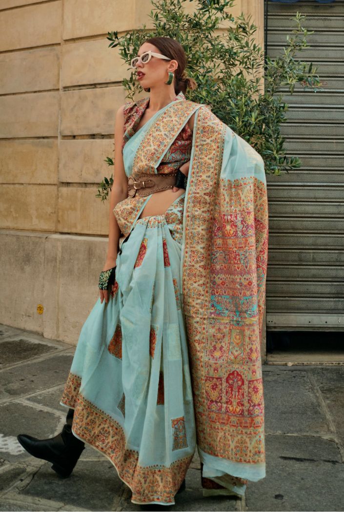 Buy MySilkLove Cascade Blue Kashmiri Jamewar Handloom Saree Online