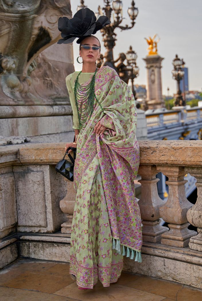 Buy MySilkLove Pista Green Organza Handloom Parsi Saree Online