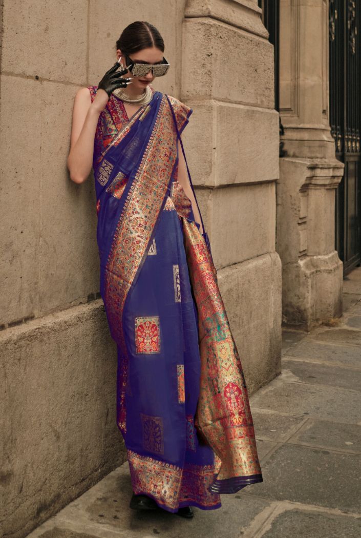 Buy MySilkLove Cyber Grape Blue Kashmiri Jamewar Handloom Saree Online