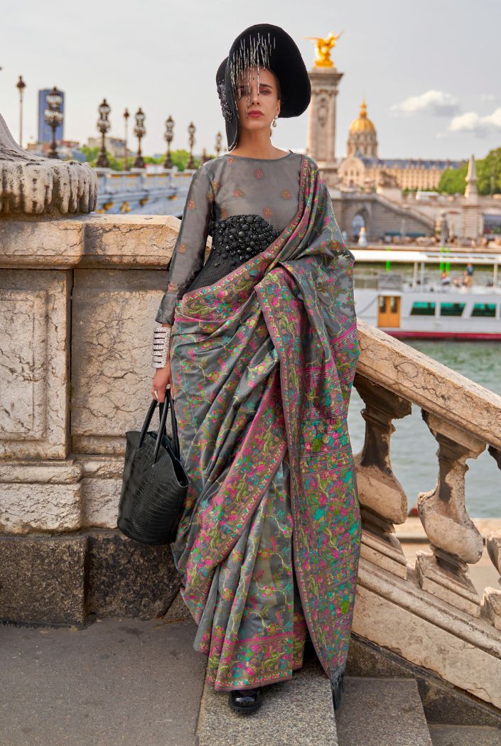 Buy MySilkLove Smoke Grey Organza Handloom Parsi Saree Online