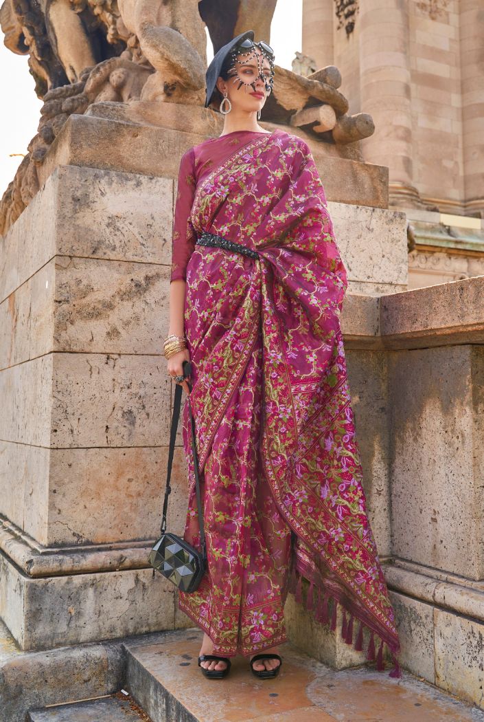 Buy MySilkLove Hippie Pink Organza Handloom Parsi Saree Online