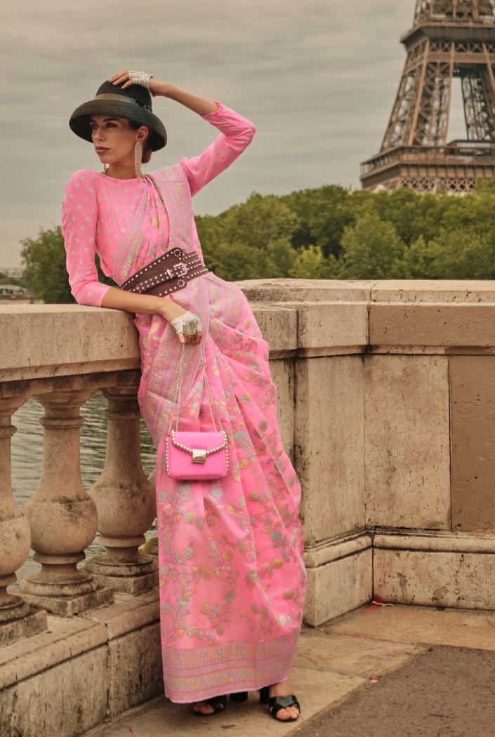 Buy MySilkLove Salmon Pink Kashmiri Organza Handloom Saree Online