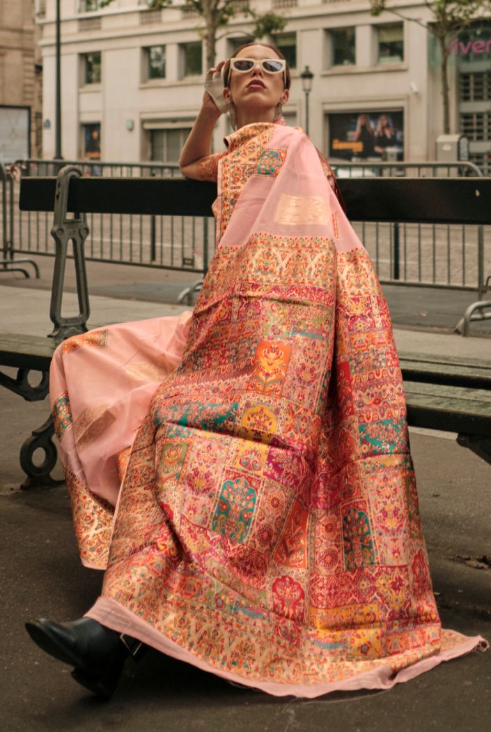 Buy MySilkLove Wax Flower Peach Kashmiri Jamewar Handloom Saree Online