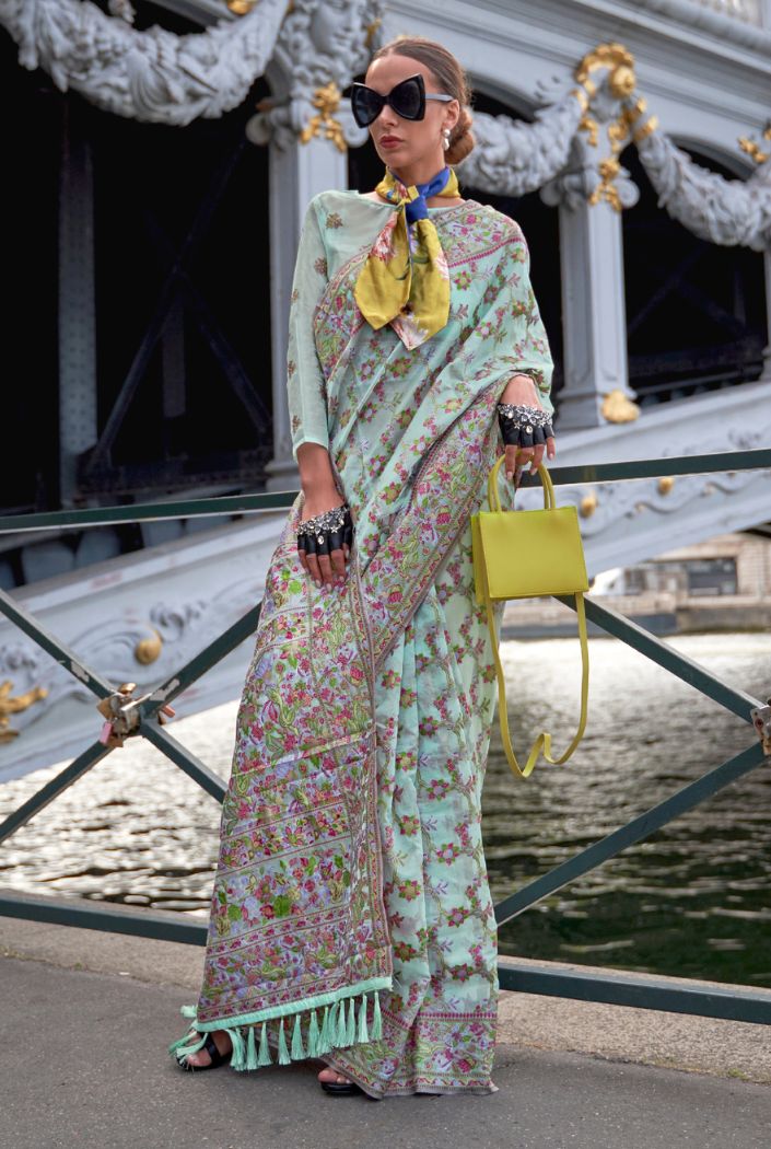 Buy Half Baked Blue Organza Handloom Parsi Saree Online MySilkLove