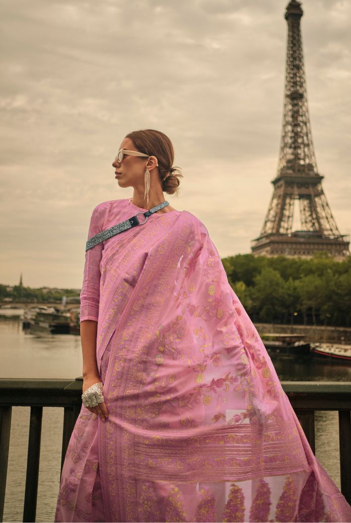 Buy MySilkLove Turkish Rose Pink Kashmiri Organza Handloom Saree Online