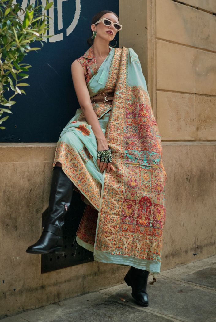 Buy MySilkLove Cascade Blue Kashmiri Jamewar Handloom Saree Online