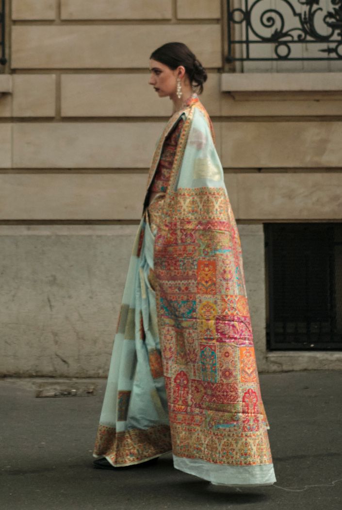 Buy MySilkLove Cascade Blue Kashmiri Jamewar Handloom Saree Online