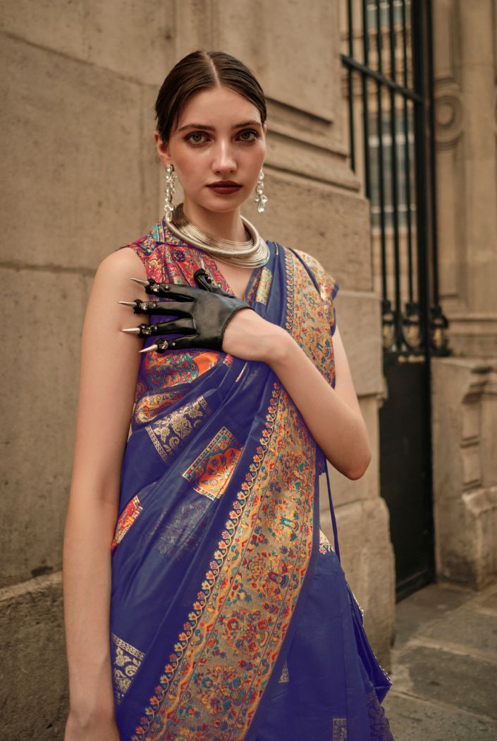 Buy MySilkLove Cyber Grape Blue Kashmiri Jamewar Handloom Saree Online
