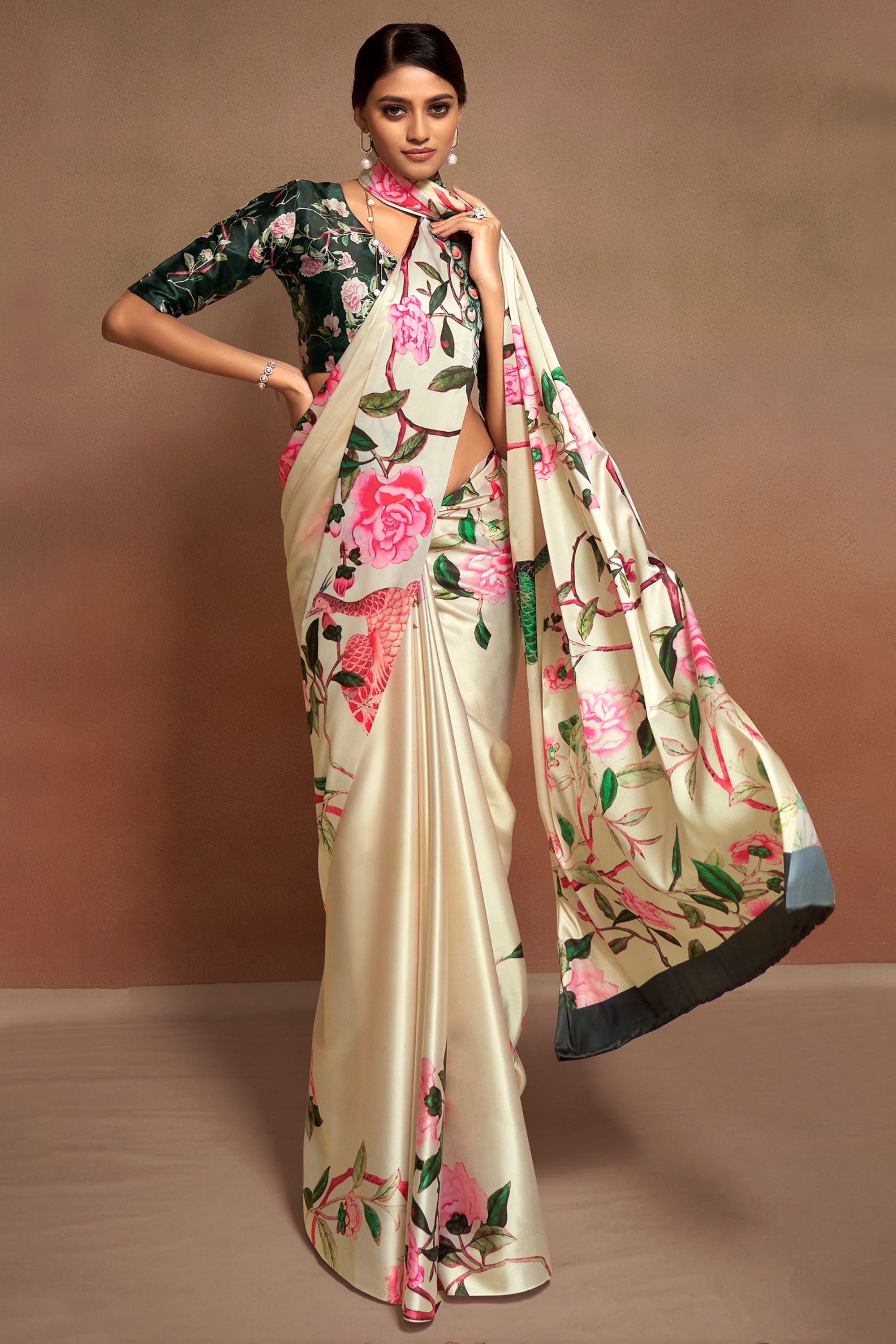 Buy MySilkLove Negroni Cream Printed Satin Silk Saree Online