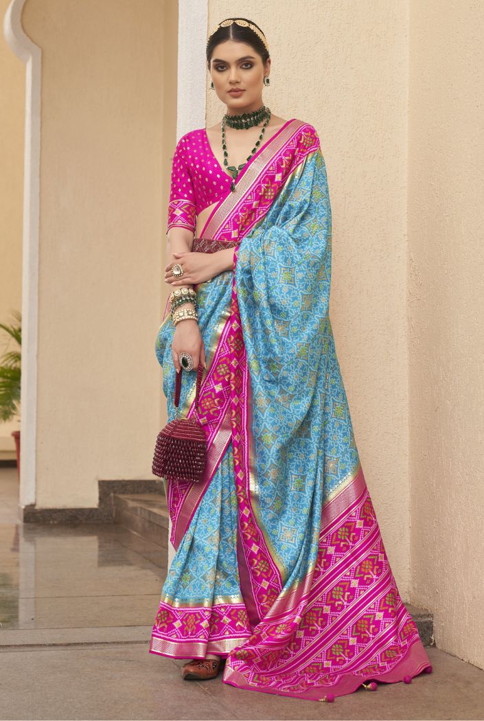 Buy MySilkLove Ming Blue and Pink Printed Patola Silk Saree Online