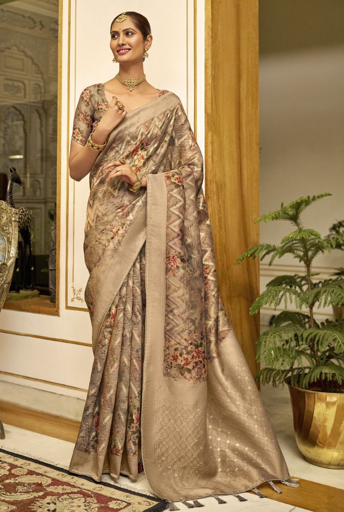 Buy MySilkLove Tan Brown Organza Tissue Silk Saree Online