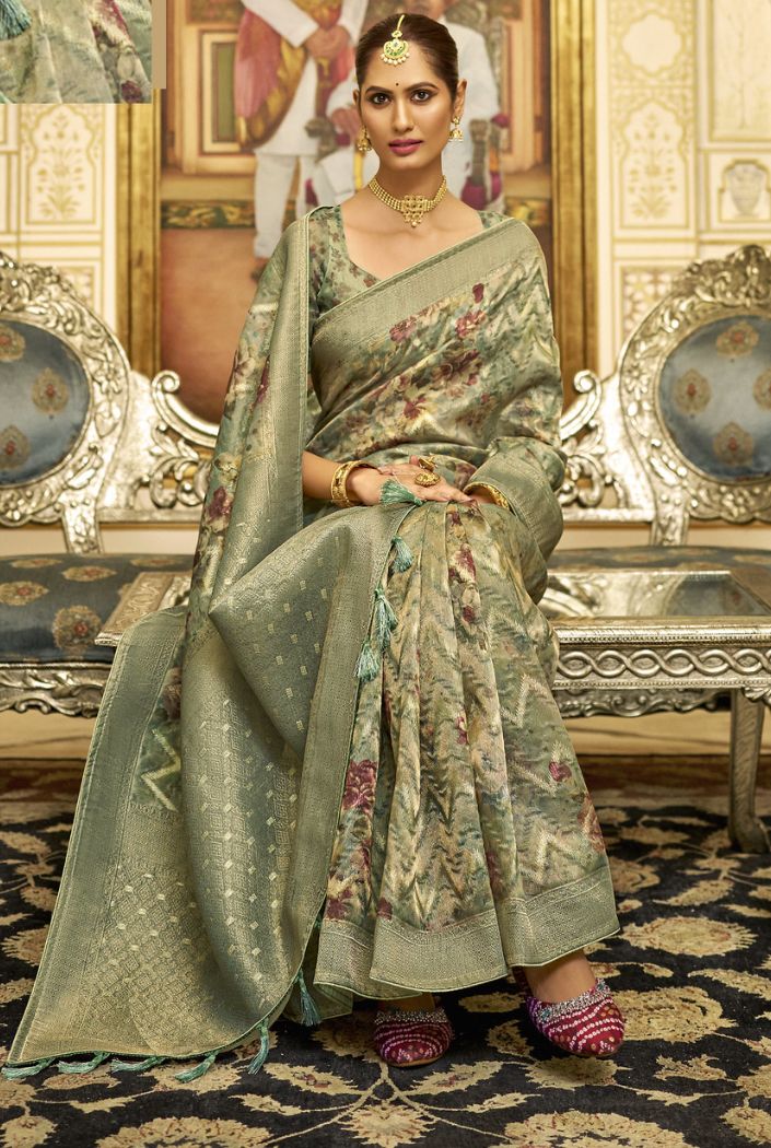 Buy MySilkLove Clay Creek Green Organza Tissue Silk Saree Online