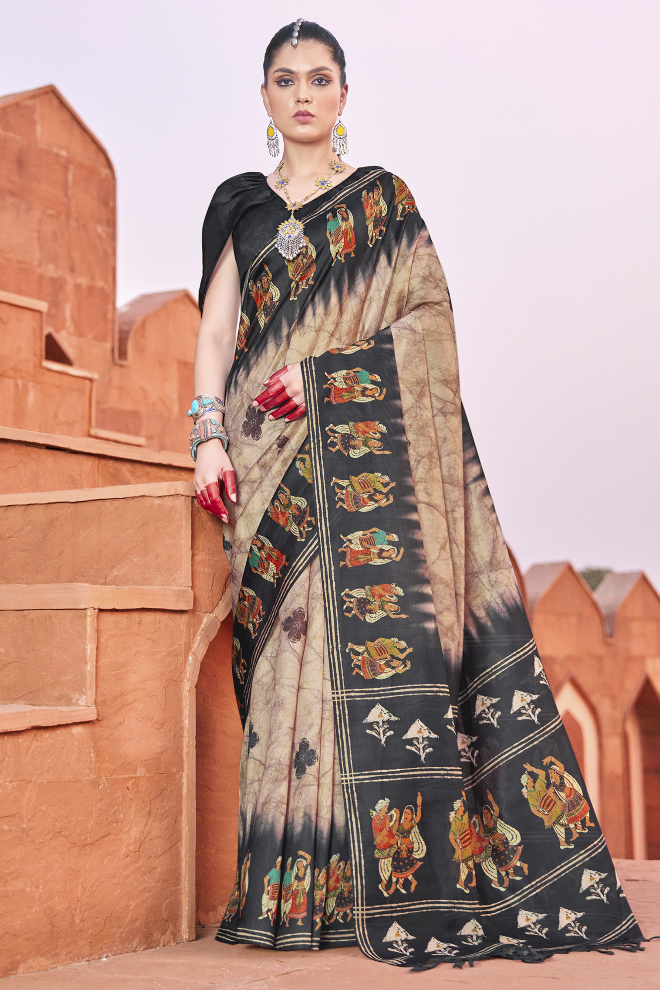 Buy MySilkLove Mongoose Cream & Black Handloom Tussar Silk Saree Online