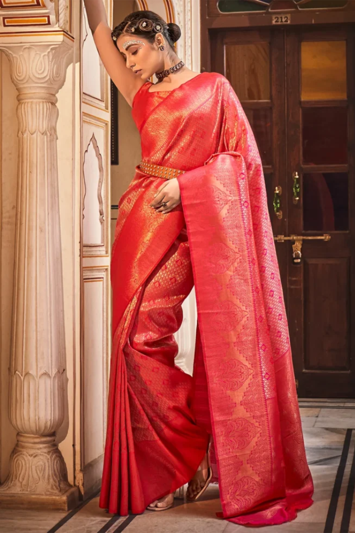 Buy MySilkLove Punch Pink Zari Woven Kanjivaram Saree Online