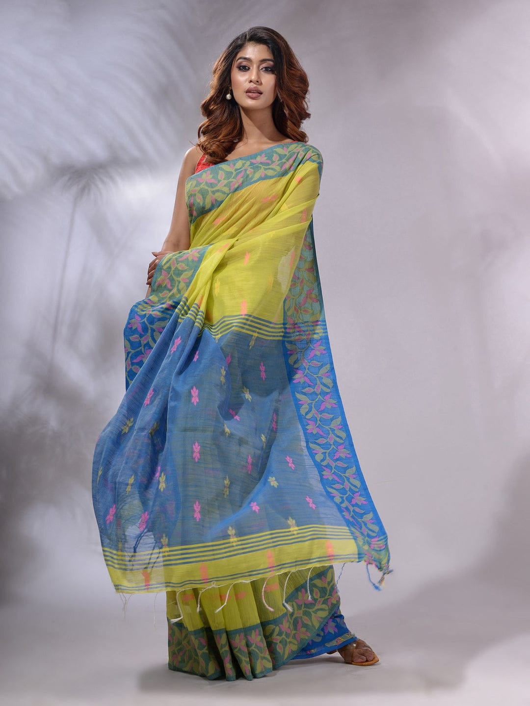 Buy MySilkLove Tacha Yellow and Blue Cotton Saree with Jackqurd Border Online