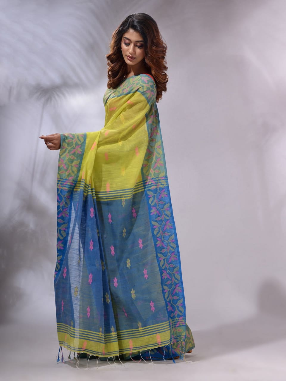 MySilkLove Tacha Yellow and Blue Cotton Saree with Jackqurd Border